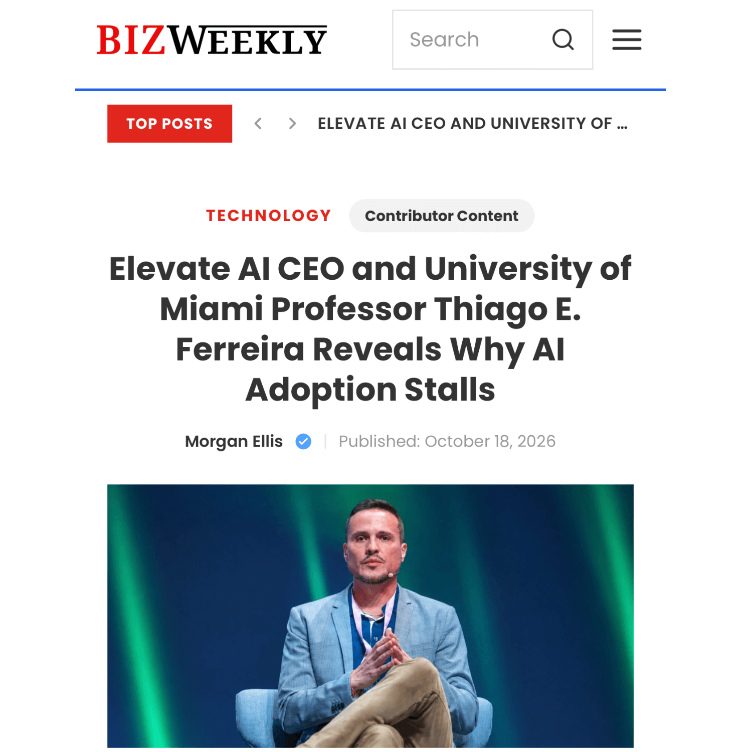 BizWeekly article featuring Elevate AI Consulting CEO Thiago E. Ferreira on why AI adoption stalls