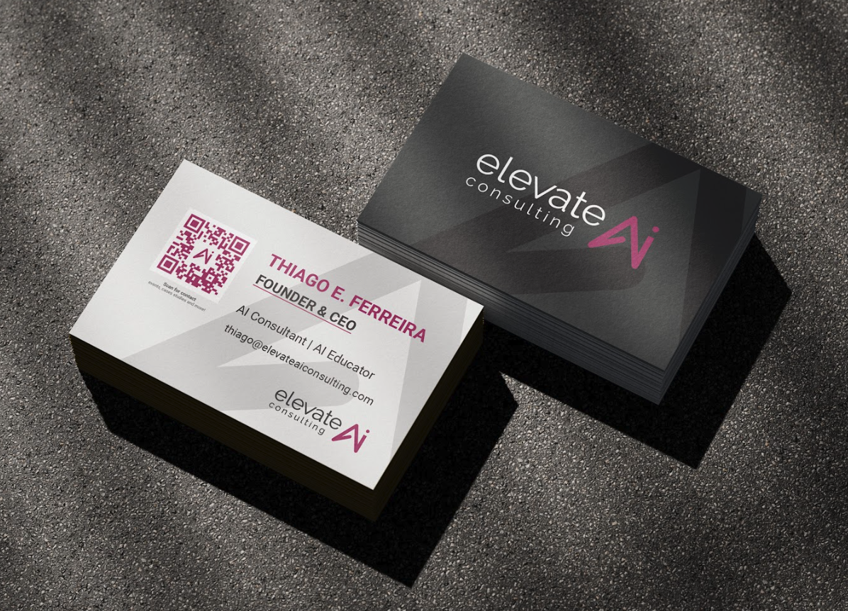 Elevate AI Consulting 2026 rebrand business cards: white front with magenta QR code and AI icon, graphite back with AI watermark — Diogo Carrilho design