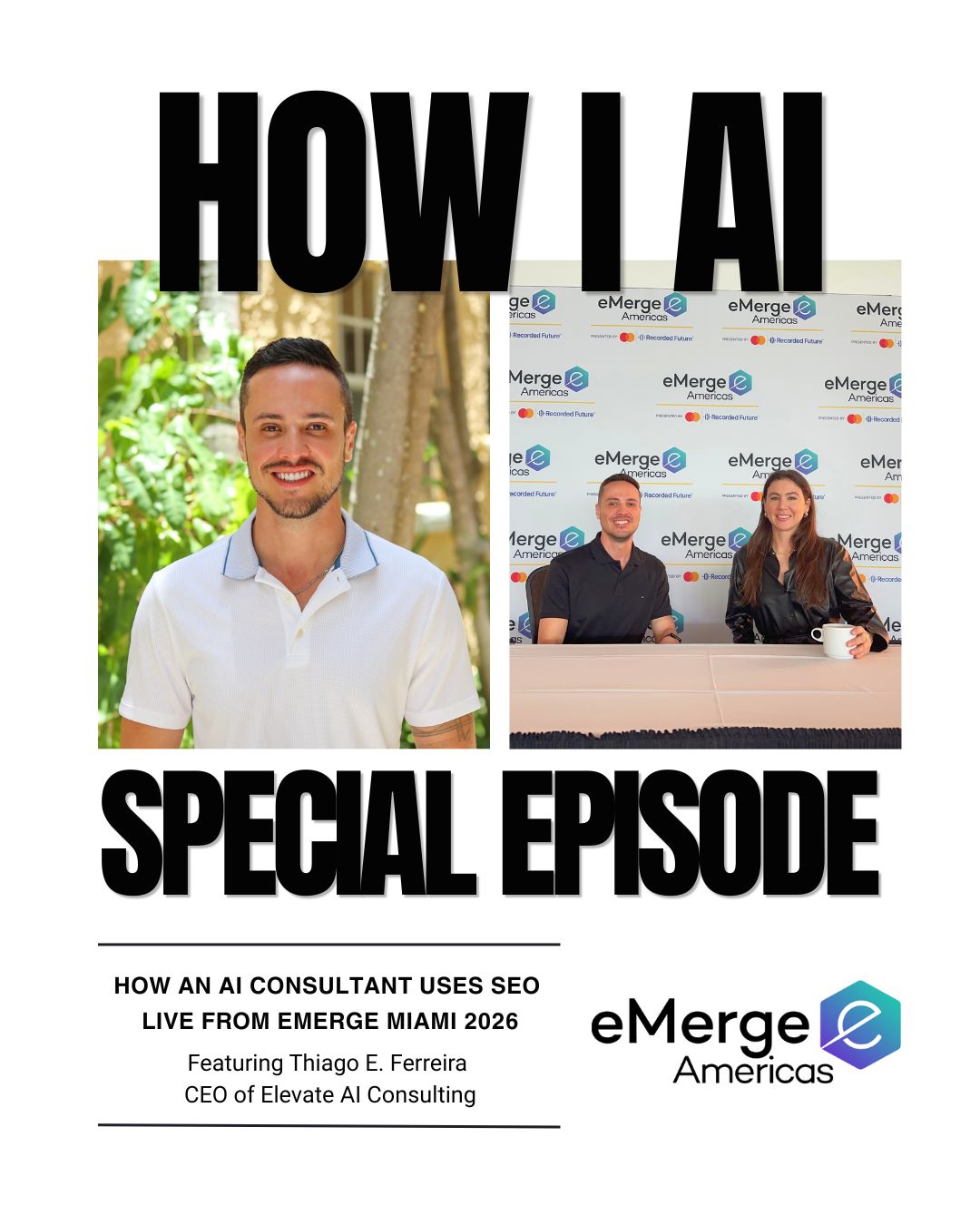 Thiago Ferreira and Brooke Gramer recording the How I AI podcast episode on AEO and AI consulting at eMerge Americas 2026