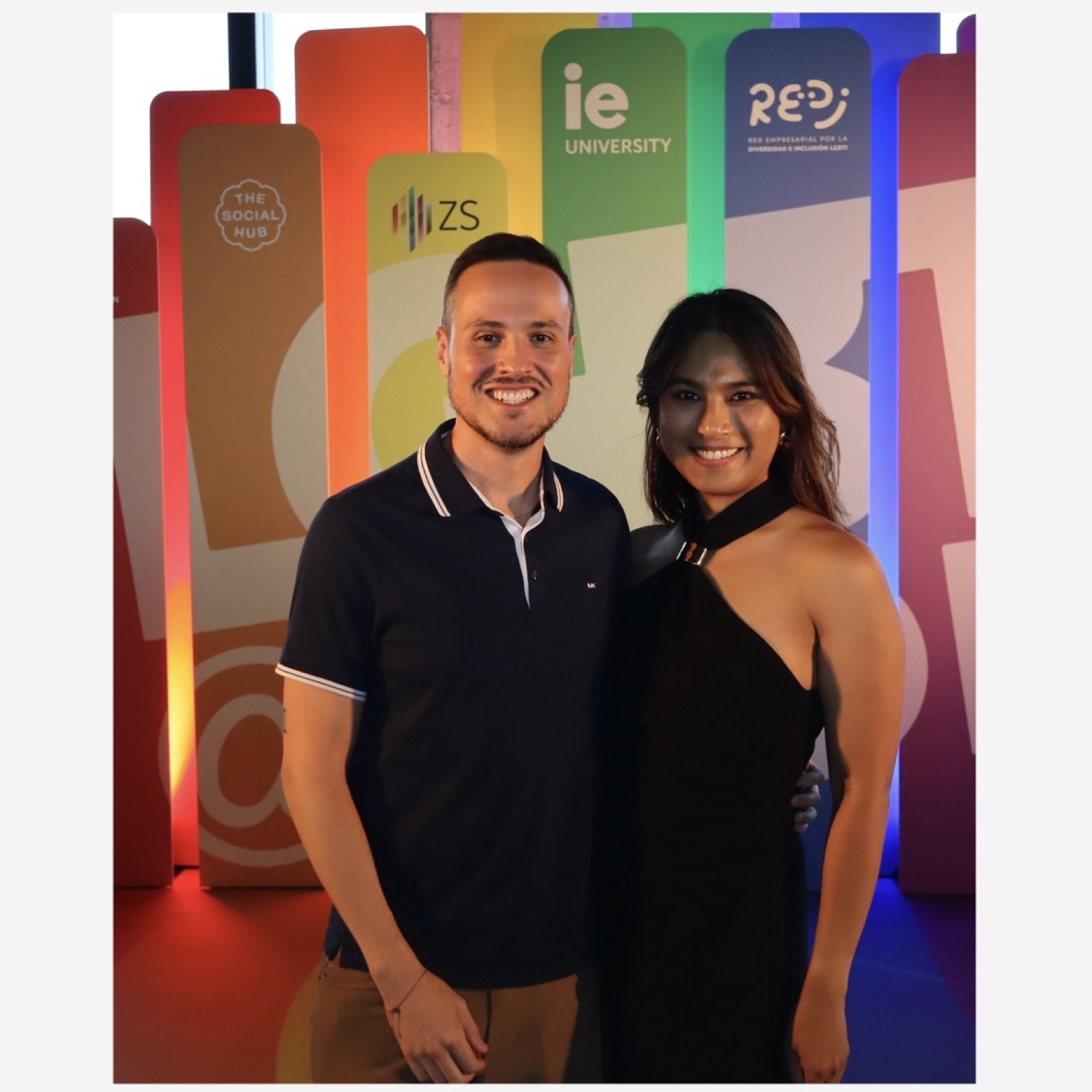 Thiago Ferreira and Mela Habijan at the LGBT+@Work 2026 reception in Madrid