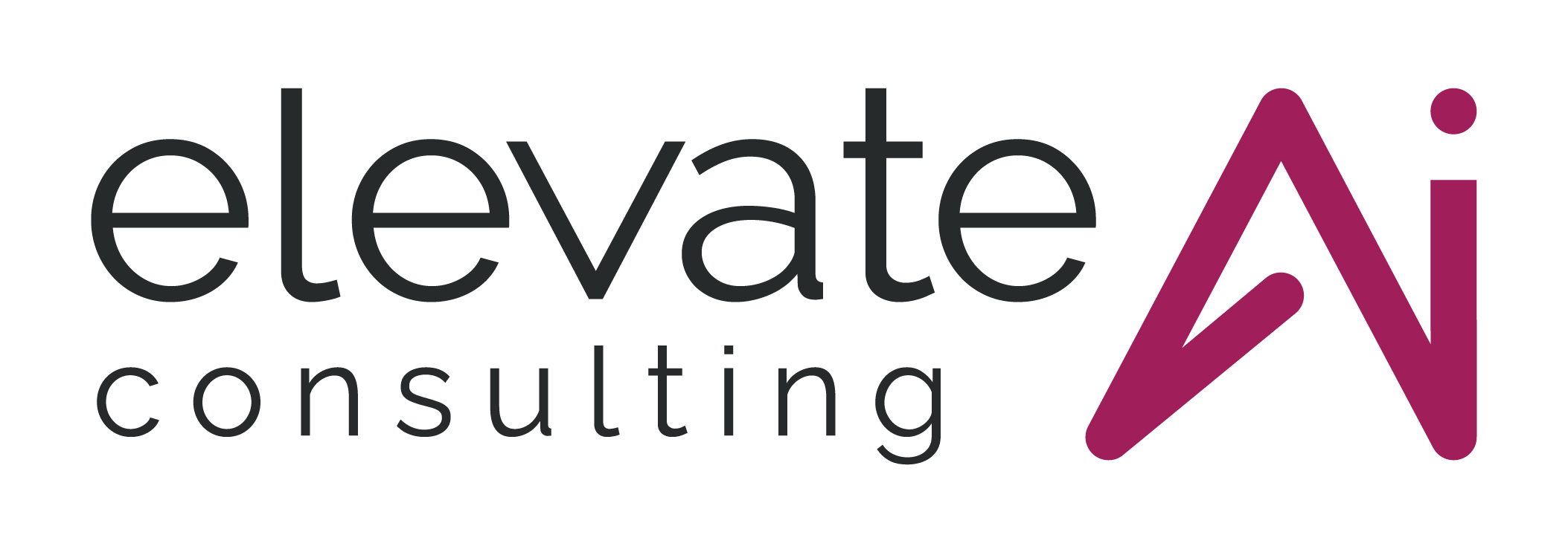 Elevate AI Consulting 2026 rebrand primary logo on white background: elevate and consulting wordmark in graphite, AI icon in magenta #922C59