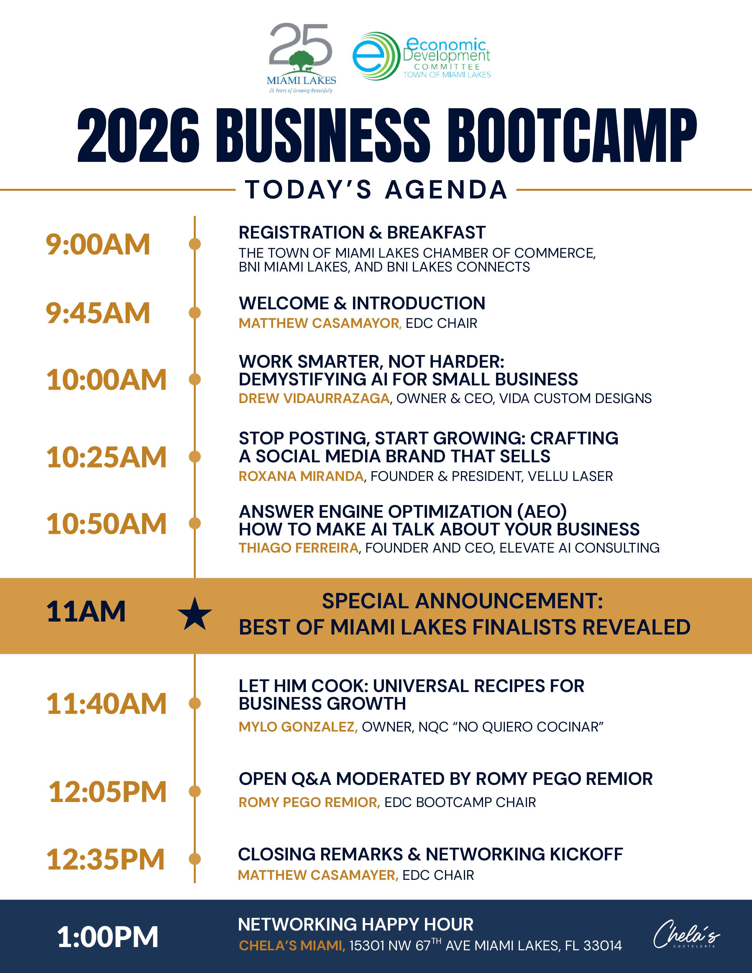 Agenda for the 2026 Miami Lakes Small Business Bootcamp, with Thiago Ferreira of Elevate AI Consulting presenting Answer Engine Optimization at 10:50 AM
