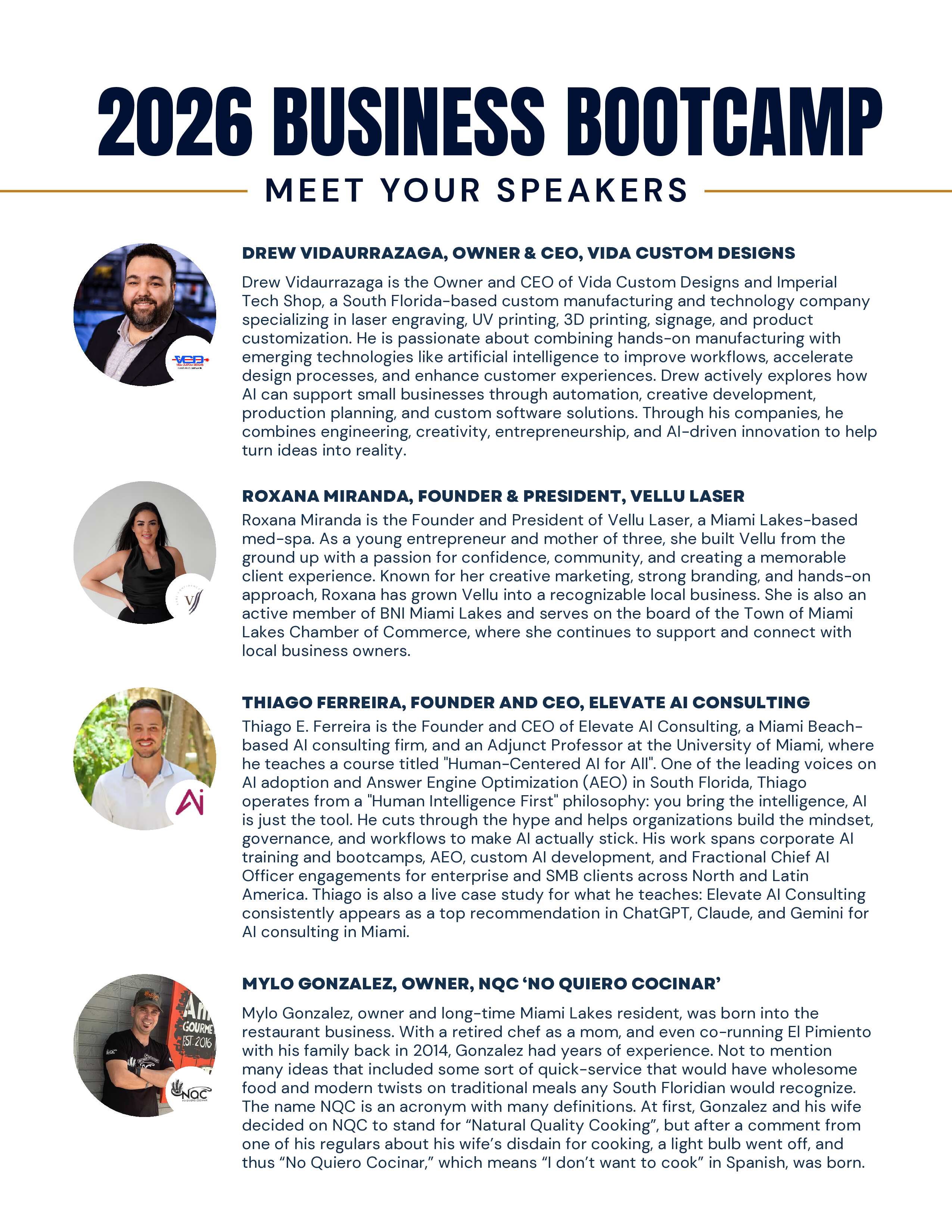 Speaker bios for the 2026 Miami Lakes Small Business Bootcamp, including Thiago Ferreira, Founder and CEO of Elevate AI Consulting